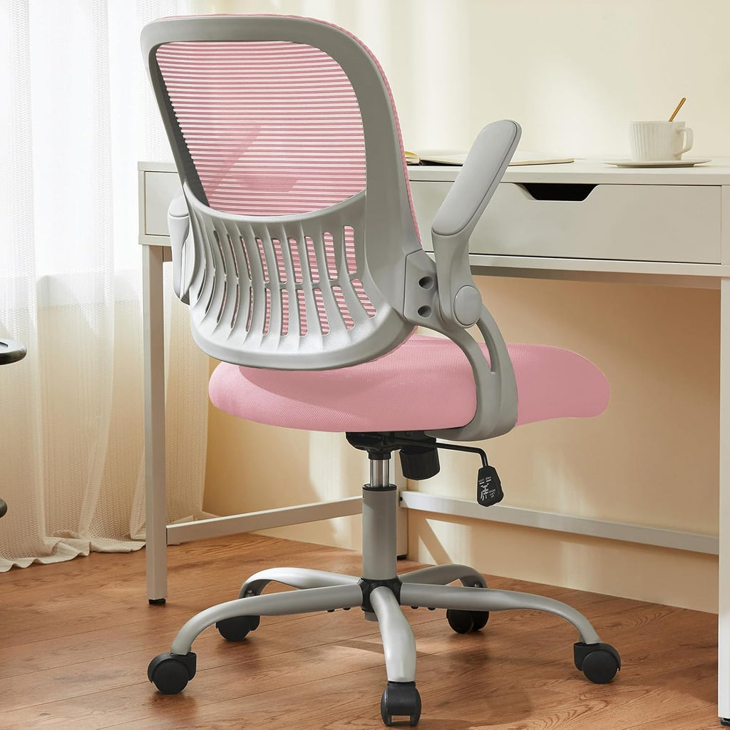 Sweetcrispy Office Computer Desk Chair, Ergonomic Mid-Back Mesh Rolling Work Swivel Task Chairs with Wheels, Comfortable Lumbar Support, Comfy Flip-up Arms for Home, Bedroom, Study, Student, Pink - Grand Goldman