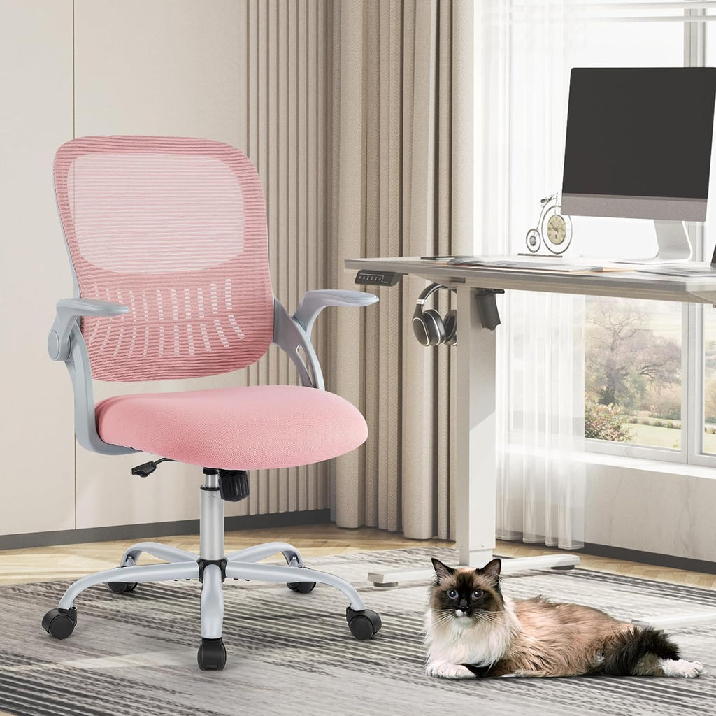 Sweetcrispy Office Computer Desk Chair, Ergonomic Mid-Back Mesh Rolling Work Swivel Task Chairs with Wheels, Comfortable Lumbar Support, Comfy Flip-up Arms for Home, Bedroom, Study, Student, Pink - Grand Goldman