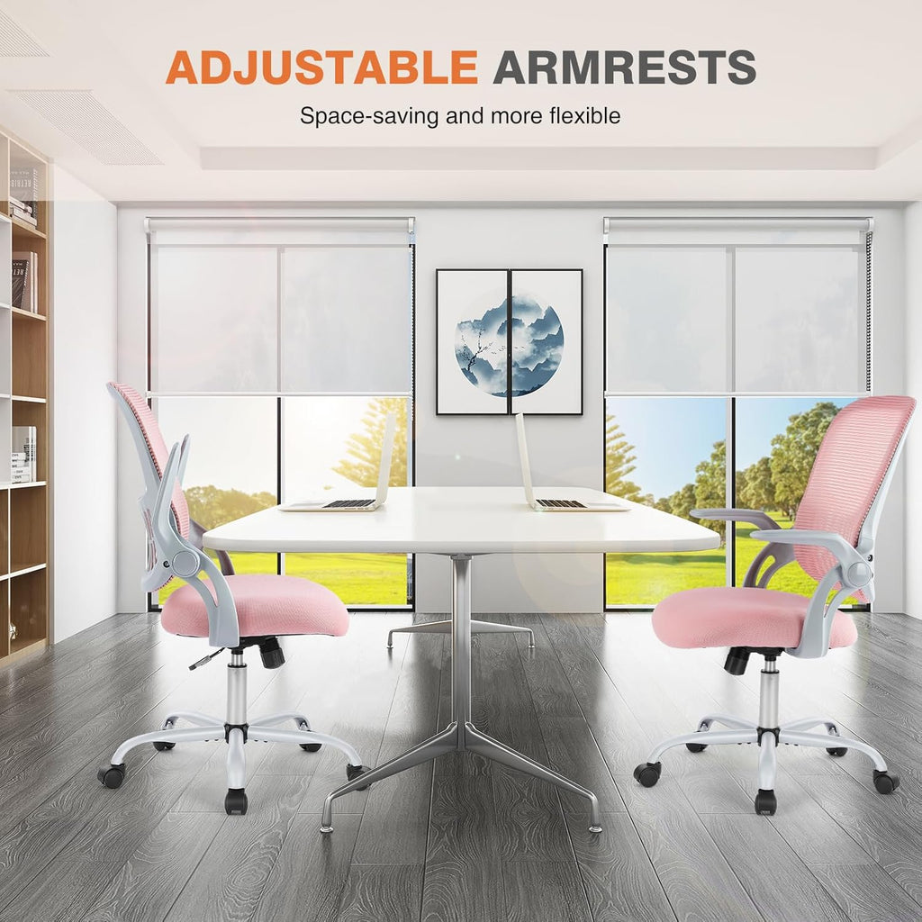 Sweetcrispy Office Computer Desk Chair, Ergonomic Mid-Back Mesh Rolling Work Swivel Task Chairs with Wheels, Comfortable Lumbar Support, Comfy Flip-up Arms for Home, Bedroom, Study, Student, Pink - Grand Goldman
