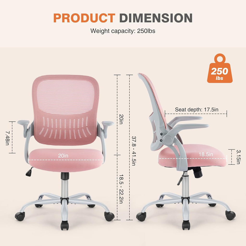 Sweetcrispy Office Computer Desk Chair, Ergonomic Mid-Back Mesh Rolling Work Swivel Task Chairs with Wheels, Comfortable Lumbar Support, Comfy Flip-up Arms for Home, Bedroom, Study, Student, Pink - Grand Goldman