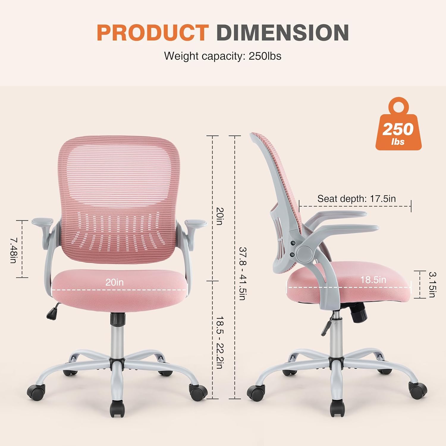 Sweetcrispy Office Computer Desk Chair, Ergonomic Mid-Back Mesh Rolling Work Swivel Task Chairs with Wheels, Comfortable Lumbar Support, Comfy Flip-up Arms for Home, Bedroom, Study, Student, Pink - Grand Goldman