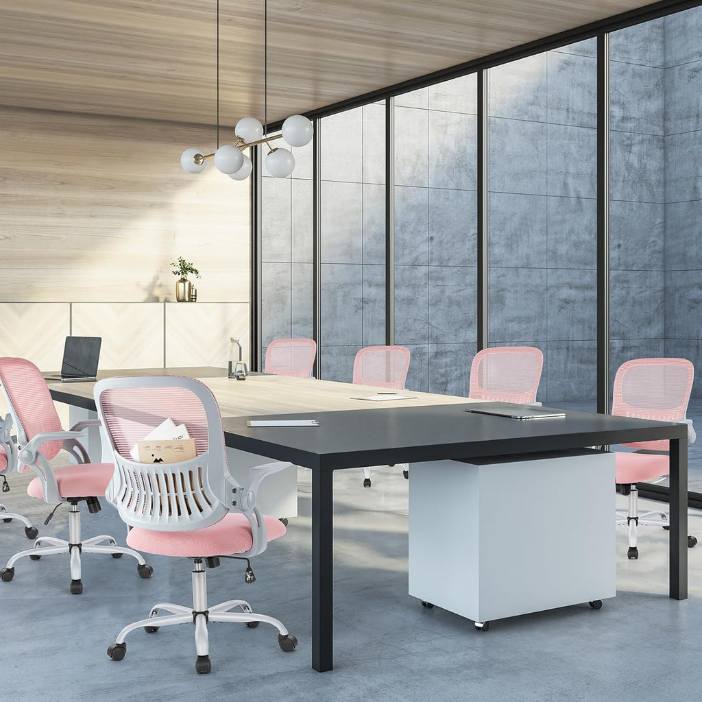 Sweetcrispy Office Computer Desk Chair, Ergonomic Mid-Back Mesh Rolling Work Swivel Task Chairs with Wheels, Comfortable Lumbar Support, Comfy Flip-up Arms for Home, Bedroom, Study, Student, Pink - Grand Goldman
