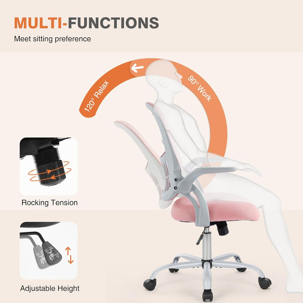 Sweetcrispy Office Computer Desk Chair, Ergonomic Mid-Back Mesh Rolling Work Swivel Task Chairs with Wheels, Comfortable Lumbar Support, Comfy Flip-up Arms for Home, Bedroom, Study, Student, Pink - Grand Goldman