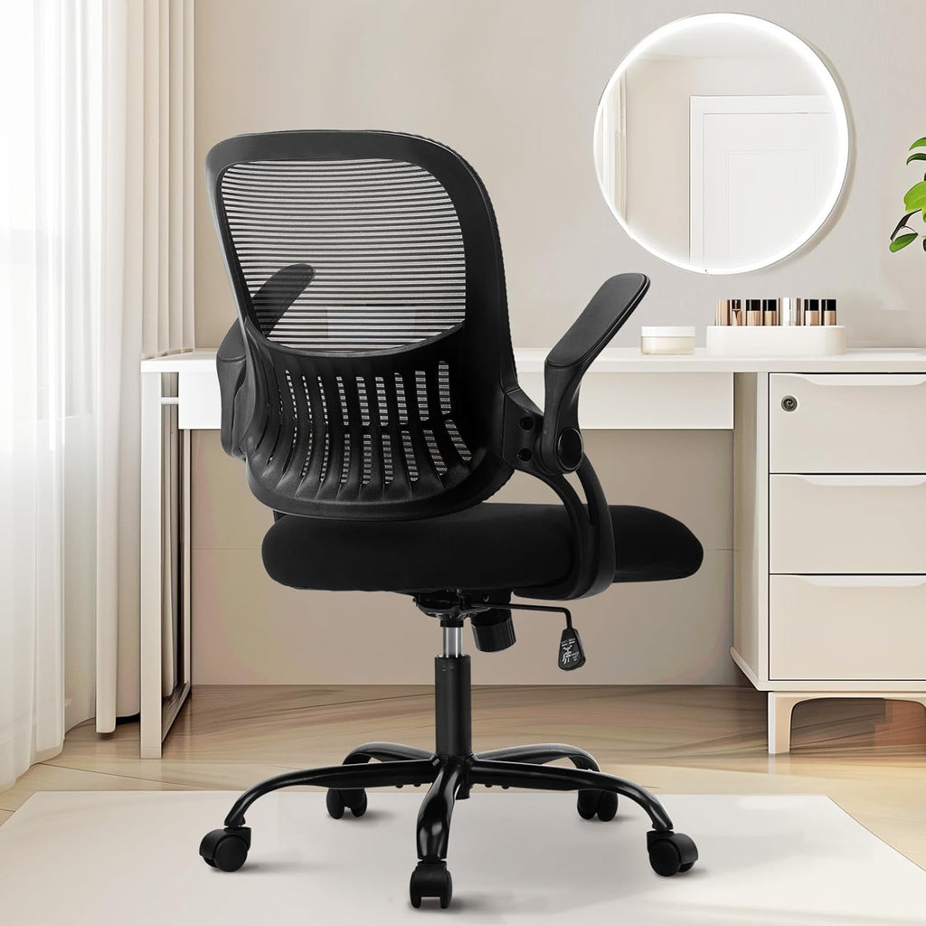 Sweetcrispy Office Computer Desk Chair, Ergonomic Mid-Back Mesh Rolling Work Swivel Task Chairs with Wheels, Comfortable Lumbar Support, Comfy Flip-up Arms for Home, Bedroom, Study, Student, Pink - Grand Goldman