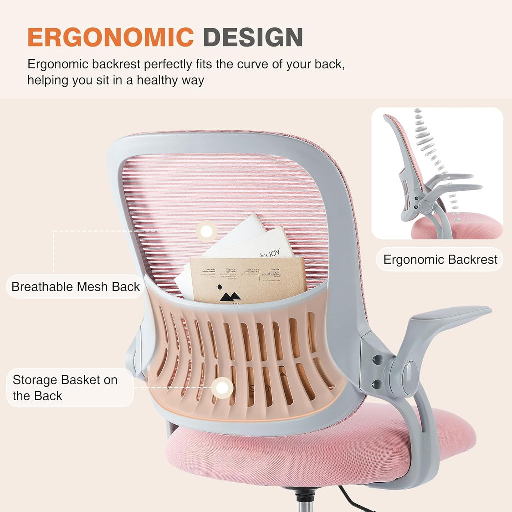 Sweetcrispy Office Computer Desk Chair, Ergonomic Mid-Back Mesh Rolling Work Swivel Task Chairs with Wheels, Comfortable Lumbar Support, Comfy Flip-up Arms for Home, Bedroom, Study, Student, Pink - Grand Goldman