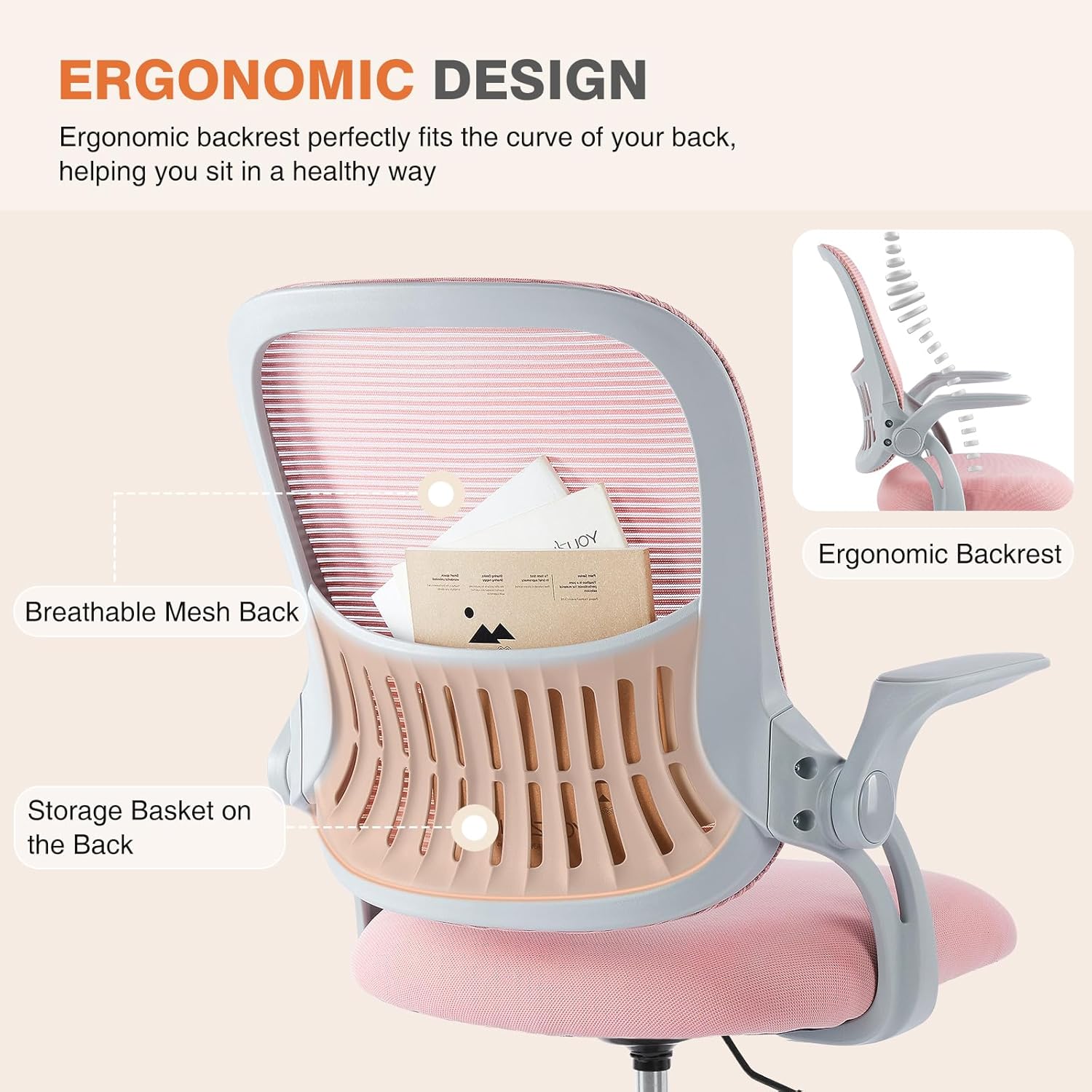 Sweetcrispy Office Computer Desk Chair, Ergonomic Mid-Back Mesh Rolling Work Swivel Task Chairs with Wheels, Comfortable Lumbar Support, Comfy Flip-up Arms for Home, Bedroom, Study, Student, Pink - Grand Goldman