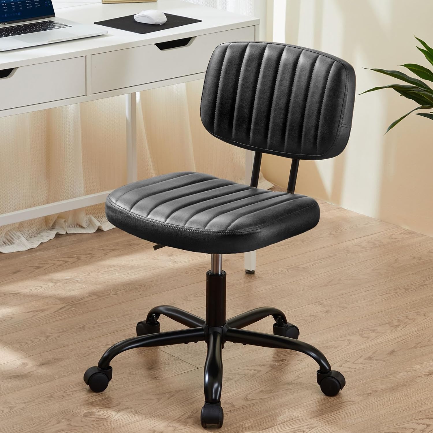 Sweetcrispy Small Office Desk Chair with Wheels Armless Comfy Computer Chair with Lumbar Support, PU Leather Low Back Adjustable Height 360° Rolling Swivel Task Chair Without Arm for Home, Bedroom - Grand Goldman