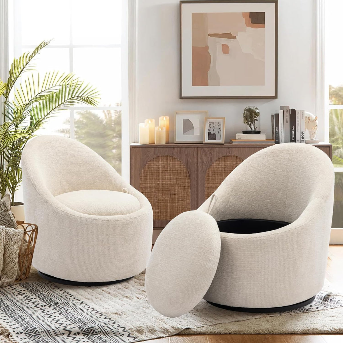 Swivel Accent Chair Barrel Chair, 360° Swivel Chair with Hidden Storage, Modern Small Round Swivel Chair, Accent Chair for Living Room/Bedroom-Beige - Grand Goldman