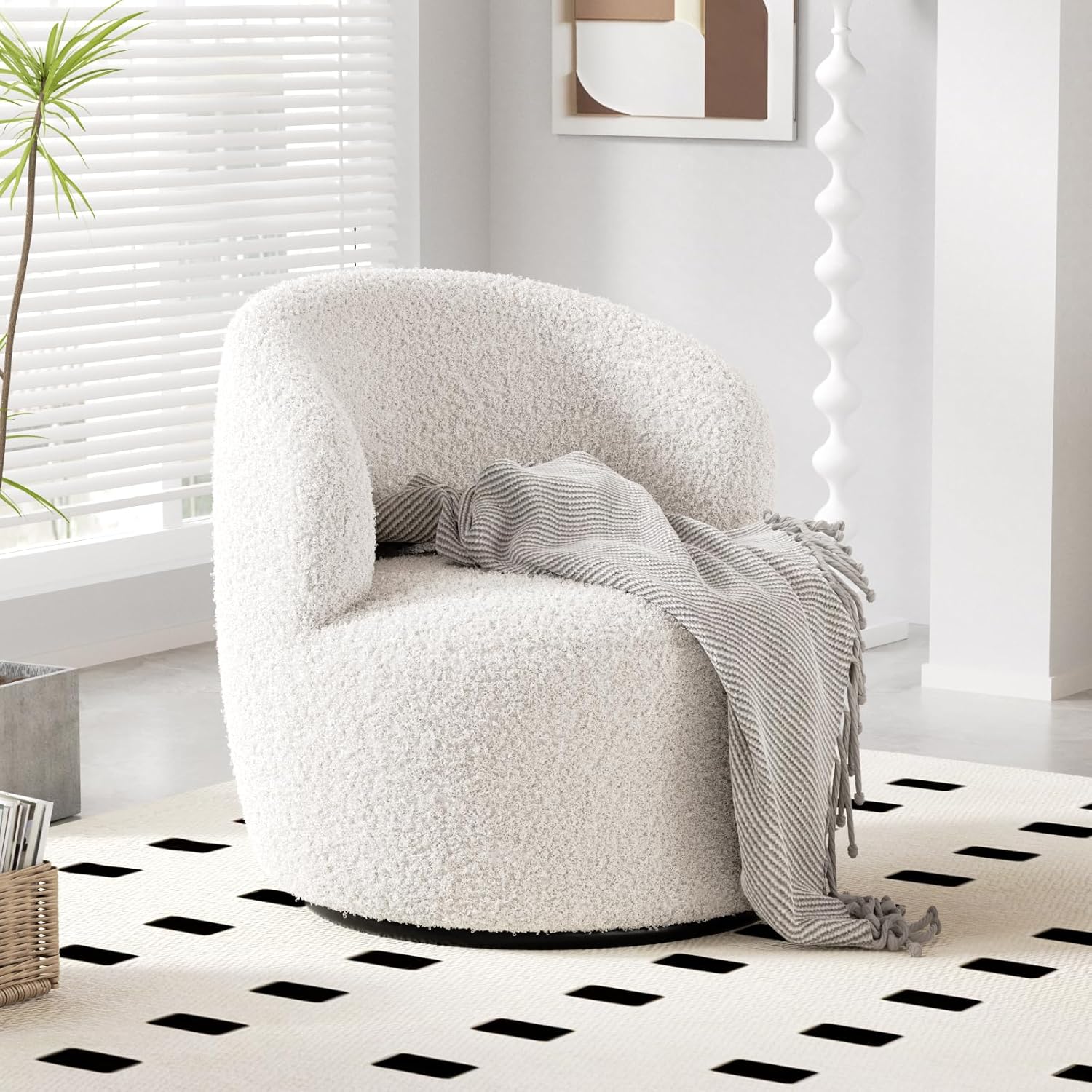 Swivel Accent Chair, Barrel Chairs, Furry Sherpa Chair with Soft Padded Armrest, Cozy Modern Chair for Living Room Bedroom Waiting Room Office, White - Grand Goldman
