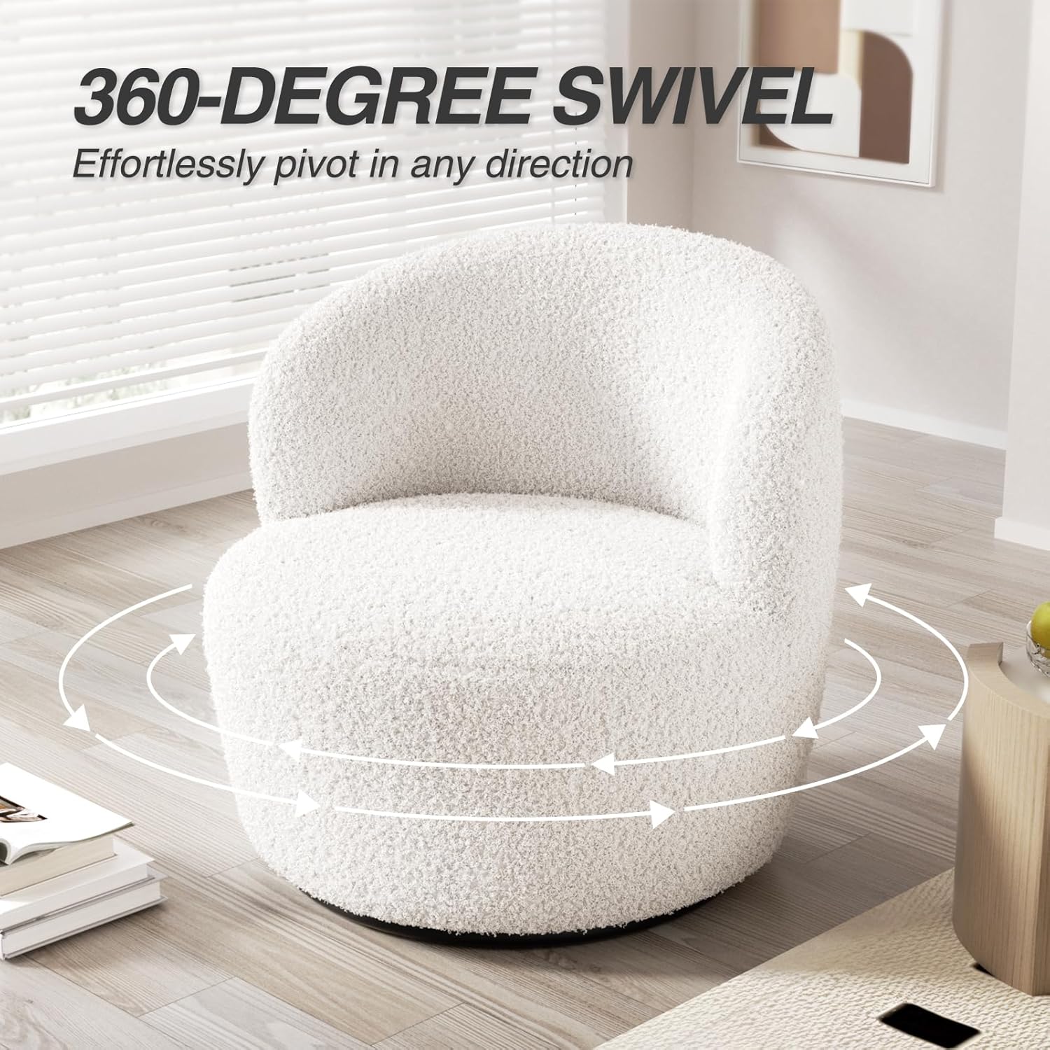 Swivel Accent Chair, Barrel Chairs, Furry Sherpa Chair with Soft Padded Armrest, Cozy Modern Chair for Living Room Bedroom Waiting Room Office, White - Grand Goldman