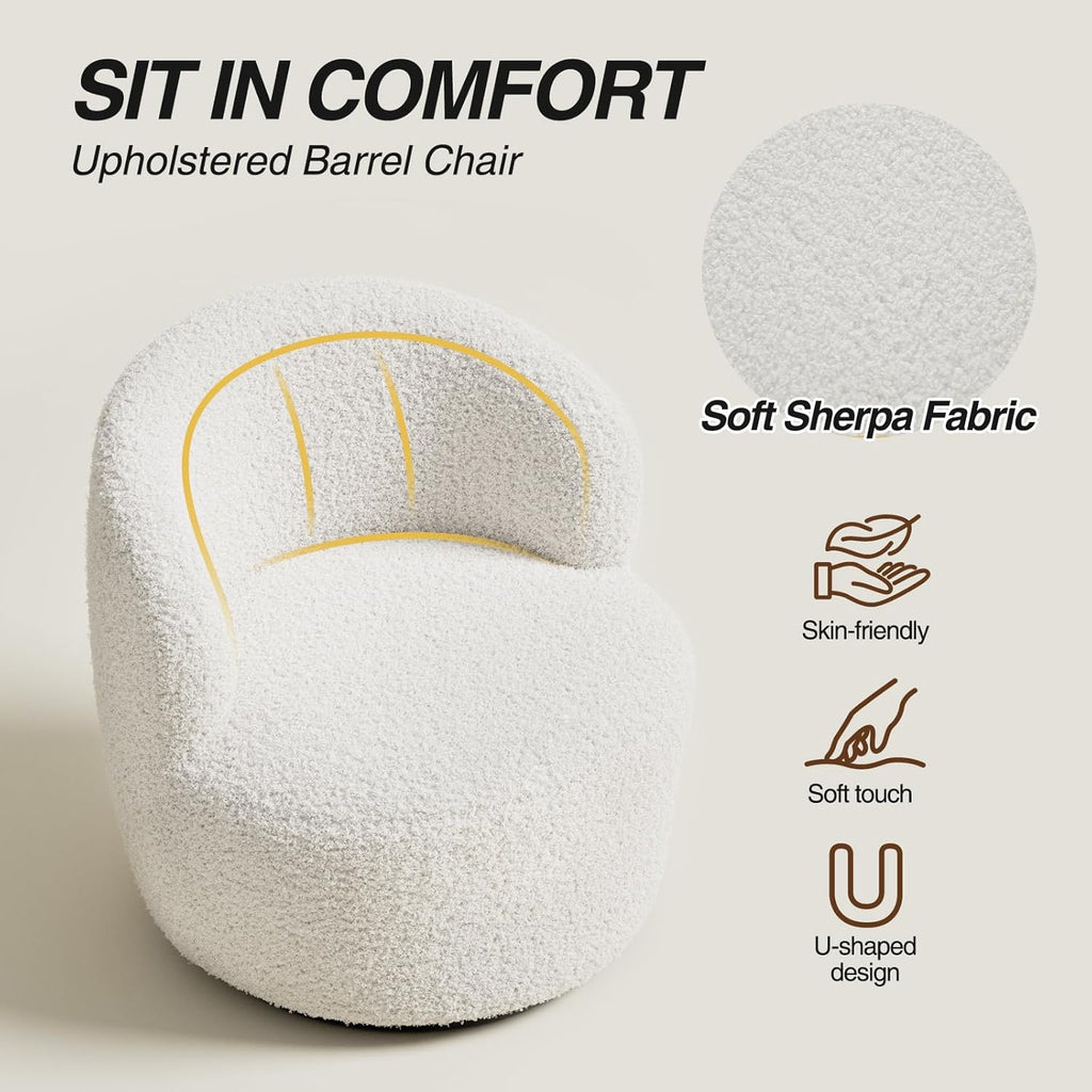 Swivel Accent Chair, Barrel Chairs, Furry Sherpa Chair with Soft Padded Armrest, Cozy Modern Chair for Living Room Bedroom Waiting Room Office, White - Grand Goldman