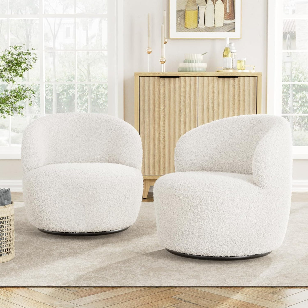 Swivel Accent Chair, Barrel Chairs, Furry Sherpa Chair with Soft Padded Armrest, Cozy Modern Chair for Living Room Bedroom Waiting Room Office, White - Grand Goldman