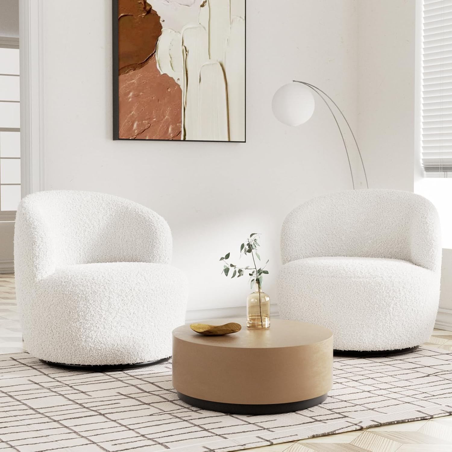 Swivel Accent Chair, Barrel Chairs, Furry Sherpa Chair with Soft Padded Armrest, Cozy Modern Chair for Living Room Bedroom Waiting Room Office, White - Grand Goldman