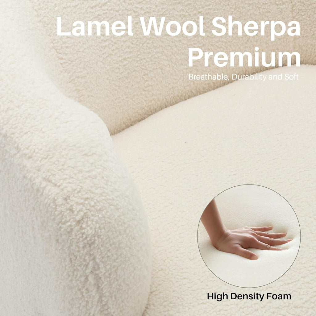 Swivel Accent Chair, Sherpa Teddy Barrel Chair for Living Room, Cozy Round Boucle Arm Chair, Metal Base for Club Nursery Bedroom, Beige Cream White - Grand Goldman