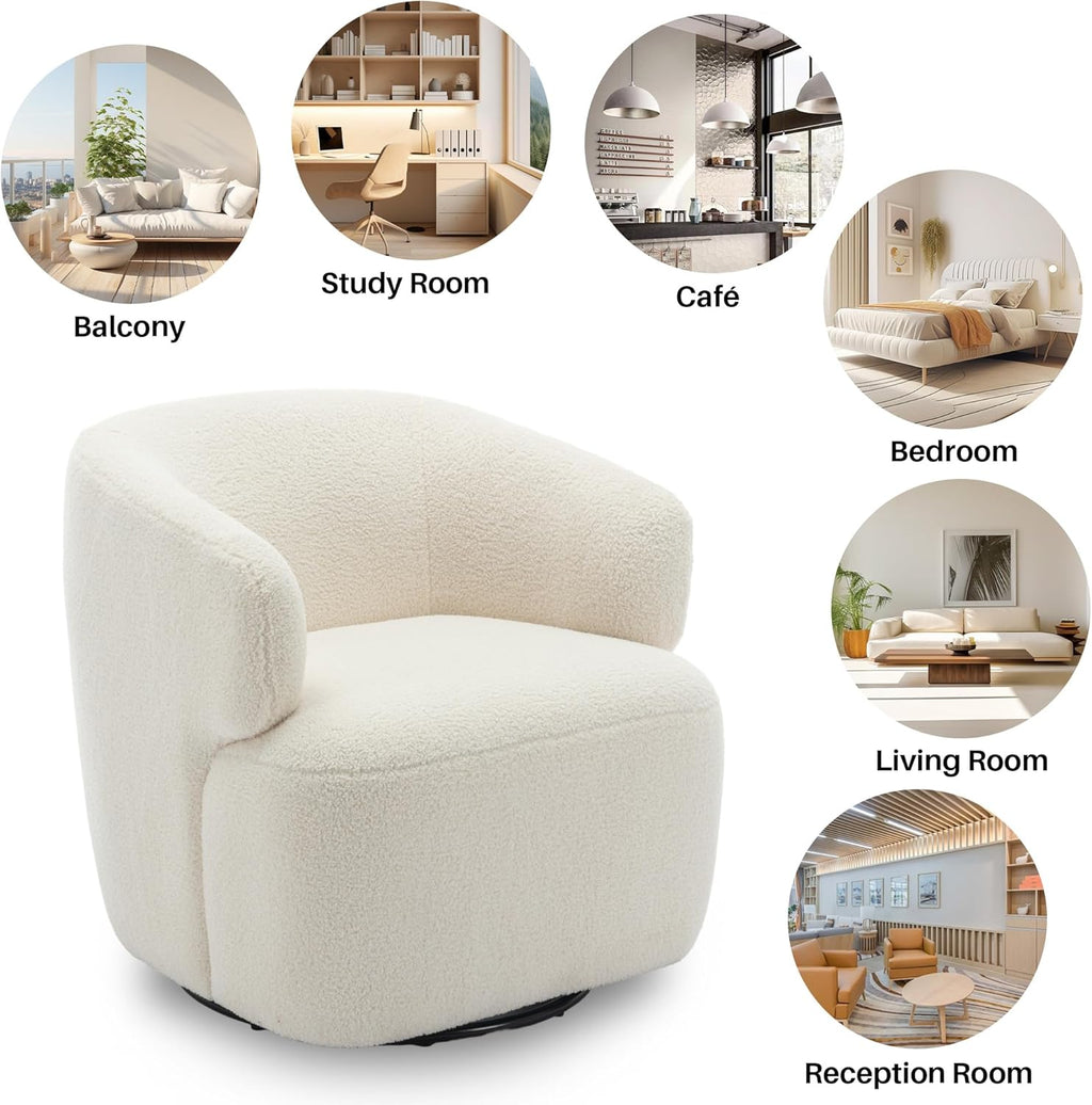 Swivel Accent Chair, Sherpa Teddy Barrel Chair for Living Room, Cozy Round Boucle Arm Chair, Metal Base for Club Nursery Bedroom, Beige Cream White - Grand Goldman