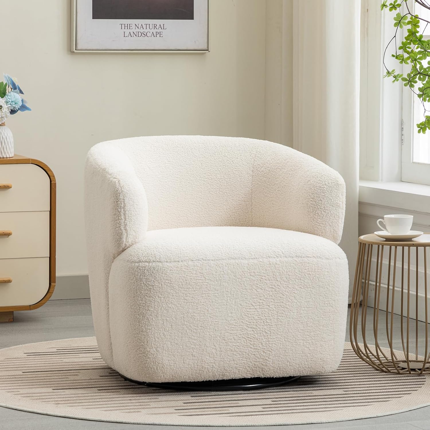 Swivel Accent Chair, Sherpa Teddy Barrel Chair for Living Room, Cozy Round Boucle Arm Chair, Metal Base for Club Nursery Bedroom, Beige Cream White - Grand Goldman