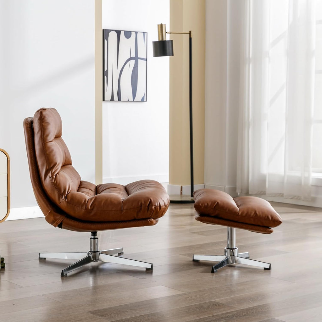 Swivel Accent Chair with Ottoman, Mid Century Modern Faux Leather Lounge Chair with footrest, Comfy Oversized Armchair with 360 Degree Metal Base for Living Room/Bedroom, Brown - Grand Goldman