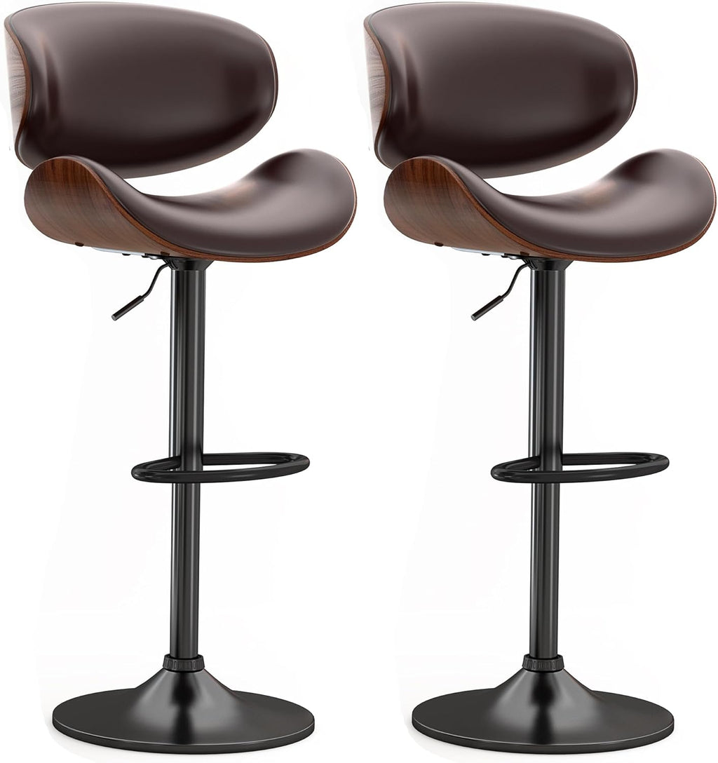 Swivel Bar Stools Set of 2 for Kitchen Counter, Adjustable Bentwood Barstools, Modern PU Leather Upholstered Bar Chair with Back and Footrest, for Bar, Kitchen, Dining Room, Black - Grand Goldman