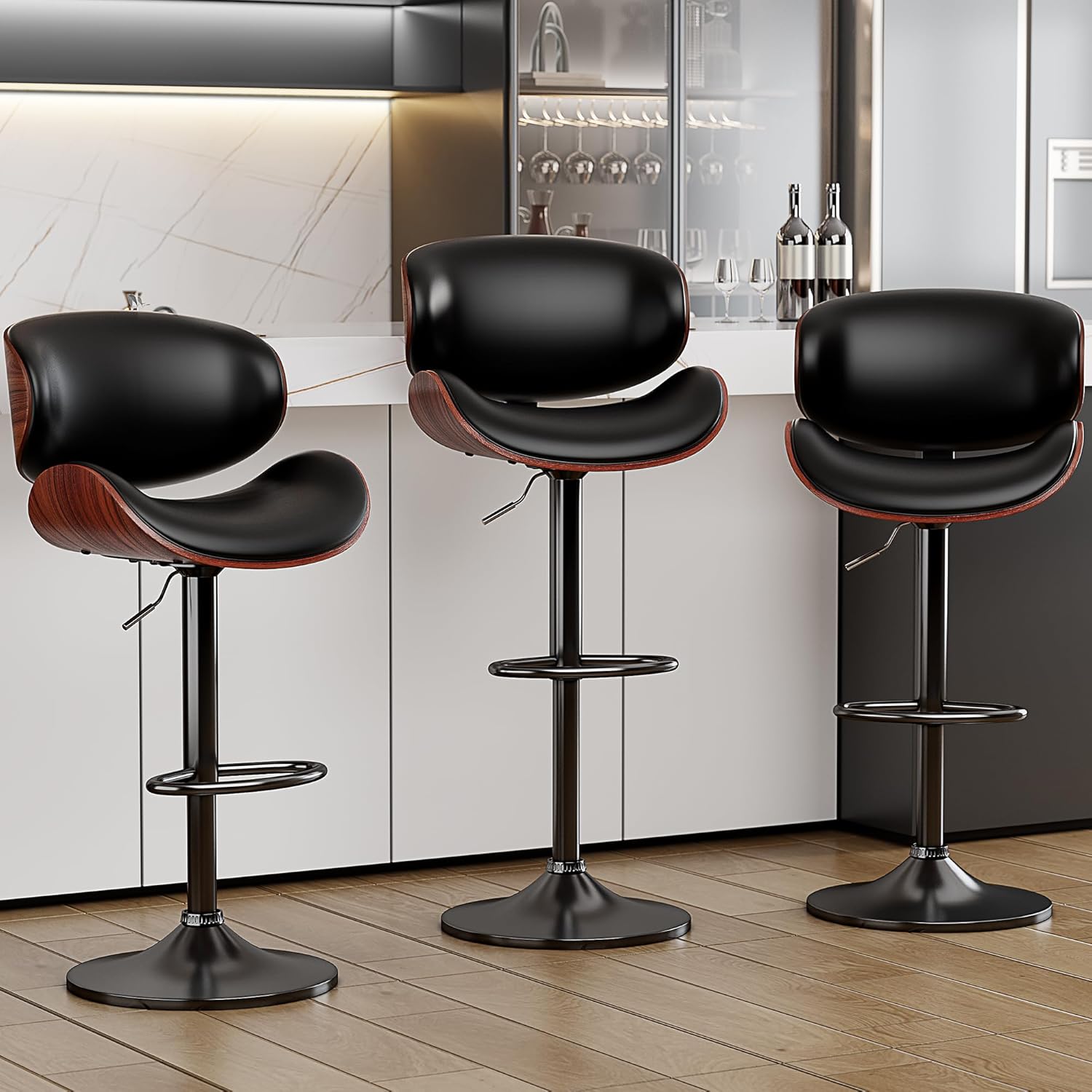 Swivel Bar Stools Set of 2 for Kitchen Counter, Adjustable Bentwood Barstools, Modern PU Leather Upholstered Bar Chair with Back and Footrest, for Bar, Kitchen, Dining Room, Black - Grand Goldman