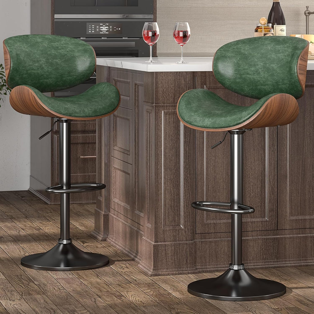 Swivel Bar Stools Set of 2 for Kitchen Counter, Adjustable Bentwood Barstools, Modern PU Leather Upholstered Bar Chair with Back and Footrest, for Bar, Kitchen, Dining Room, Black - Grand Goldman