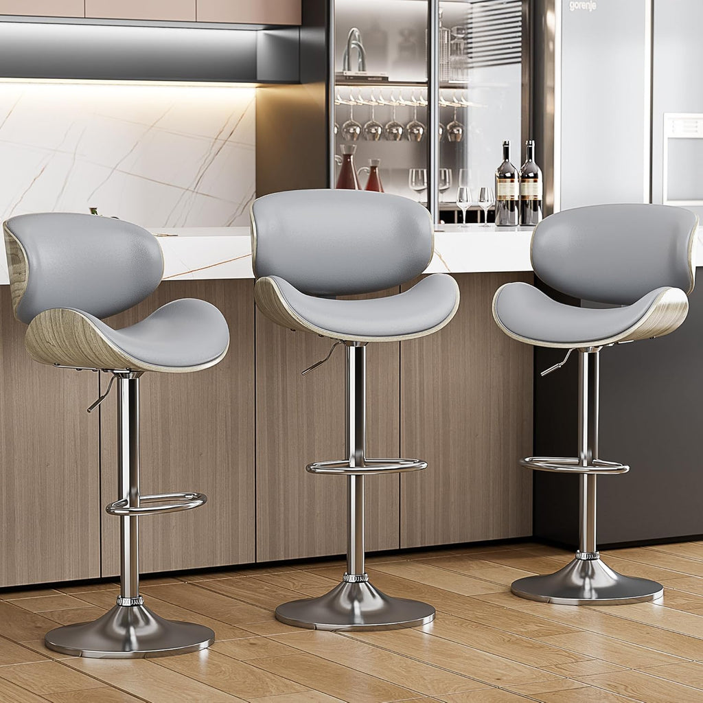 Swivel Bar Stools Set of 2 for Kitchen Counter, Adjustable Bentwood Barstools, Modern PU Leather Upholstered Bar Chair with Back and Footrest, for Bar, Kitchen, Dining Room, Black - Grand Goldman