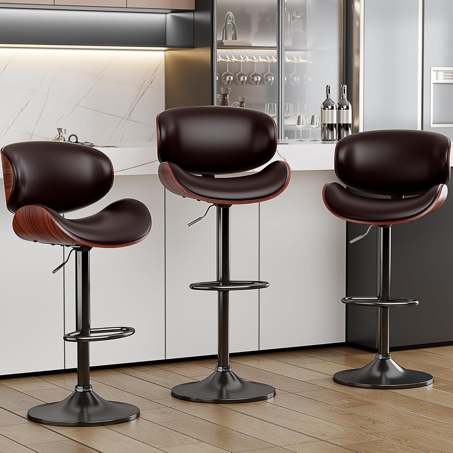 Swivel Bar Stools Set of 2 for Kitchen Counter, Adjustable Bentwood Barstools, Modern PU Leather Upholstered Bar Chair with Back and Footrest, for Bar, Kitchen, Dining Room, Black - Grand Goldman