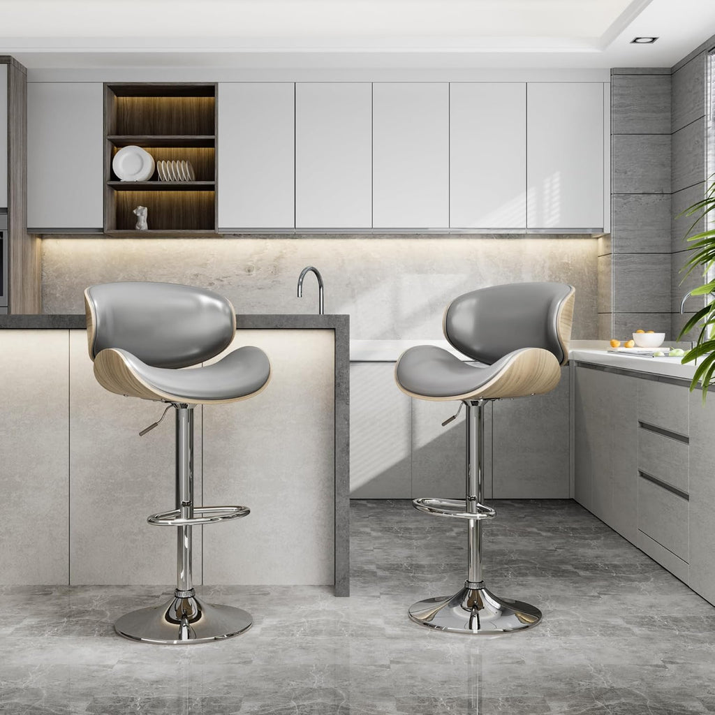 Swivel Bar Stools Set of 2 for Kitchen Counter, Adjustable Bentwood Barstools, Modern PU Leather Upholstered Bar Chair with Back and Footrest, for Bar, Kitchen, Dining Room, Black - Grand Goldman