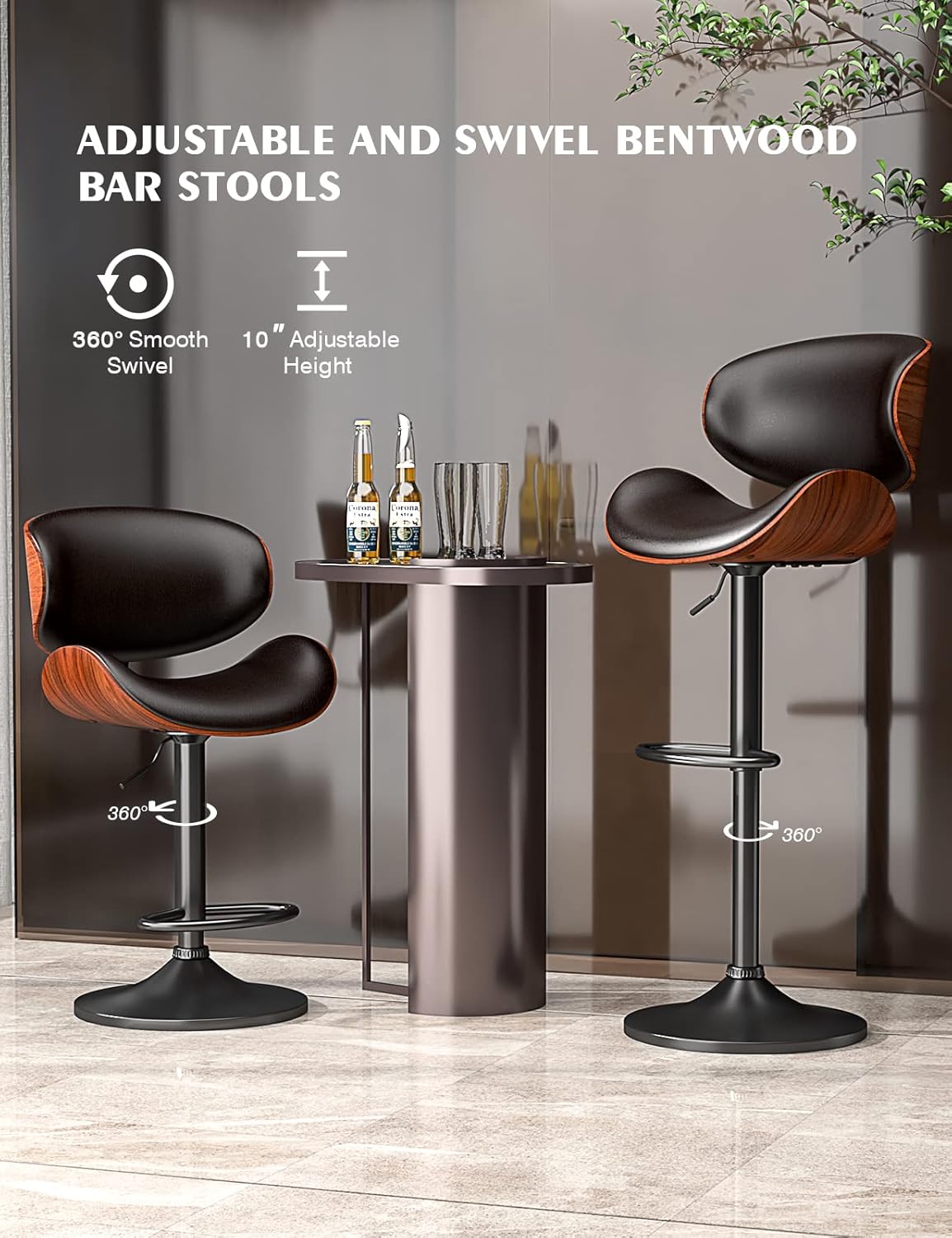 Swivel Bar Stools Set of 2 for Kitchen Counter, Adjustable Bentwood Barstools, Modern PU Leather Upholstered Bar Chair with Back and Footrest, for Bar, Kitchen, Dining Room, Black - Grand Goldman