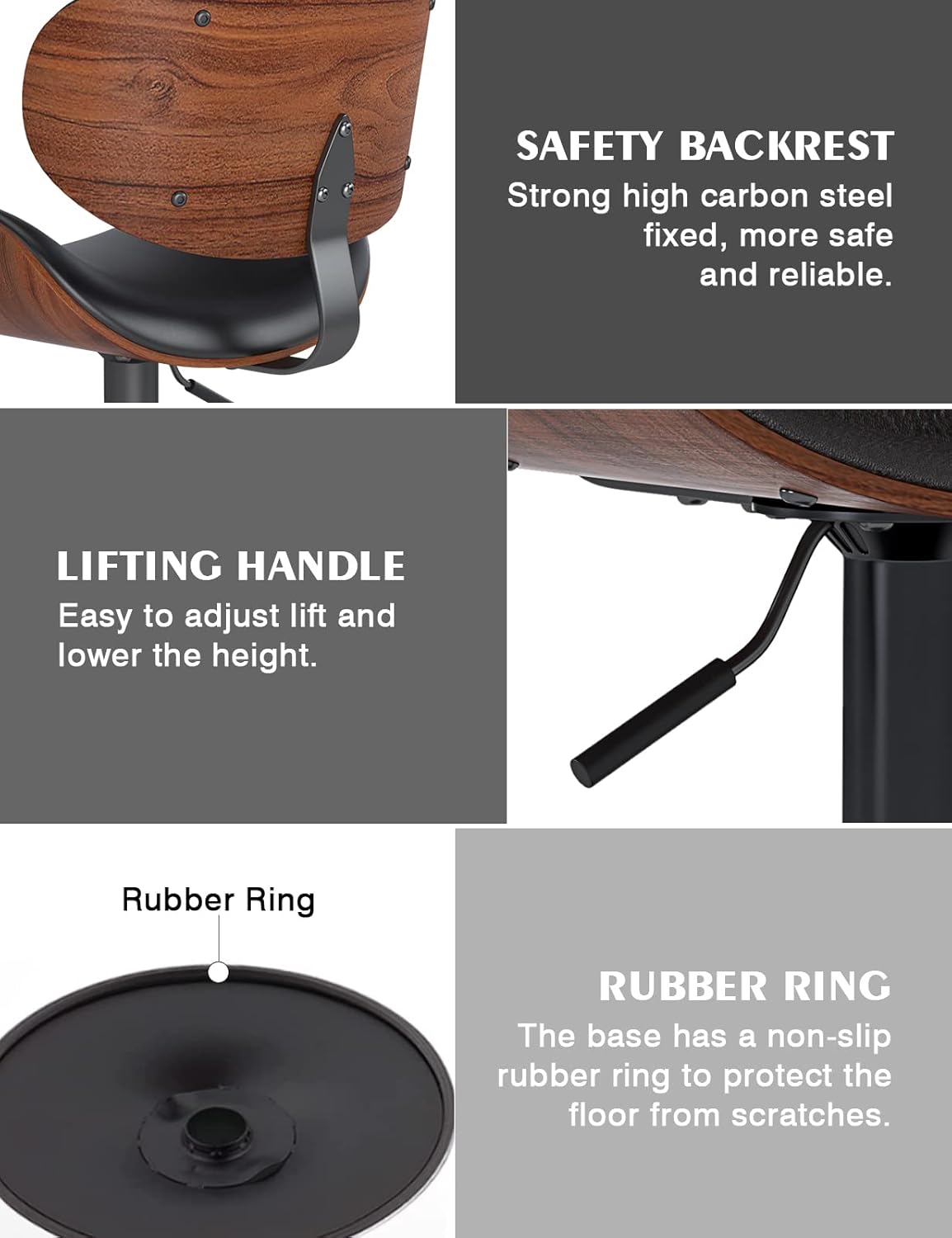 Swivel Bar Stools Set of 2 for Kitchen Counter, Adjustable Bentwood Barstools, Modern PU Leather Upholstered Bar Chair with Back and Footrest, for Bar, Kitchen, Dining Room, Black - Grand Goldman