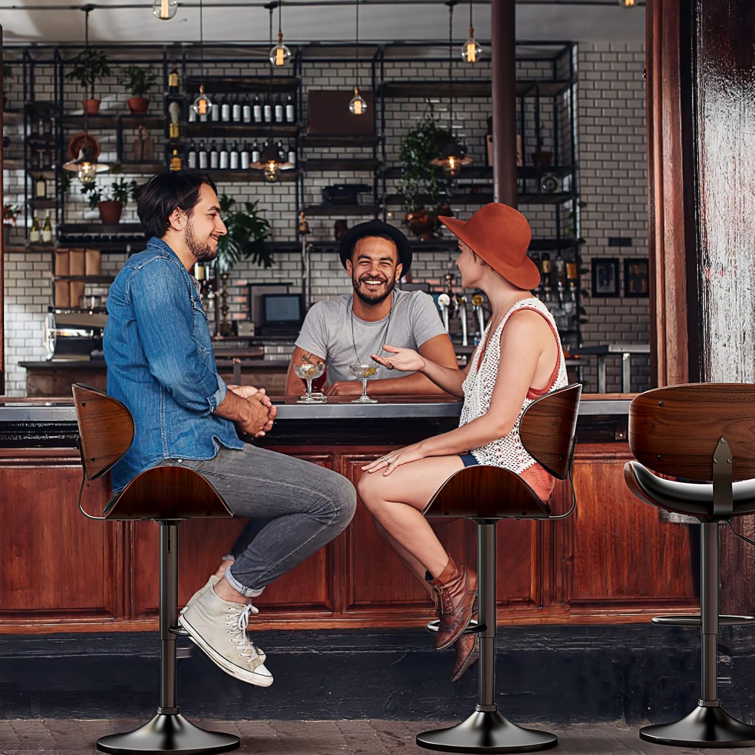 Swivel Bar Stools Set of 2 for Kitchen Counter, Adjustable Bentwood Barstools, Modern PU Leather Upholstered Bar Chair with Back and Footrest, for Bar, Kitchen, Dining Room, Black - Grand Goldman