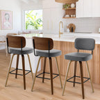 Swivel Counter Height Bar Stools Set of 3, Upholstered Faux Leather Barstools with Rattan Back, 26" Seat Height Bar Chairs for Kitchen Island, Bentwood Wood Frame, Cream White - Grand Goldman