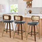 Swivel Counter Height Bar Stools Set of 3, Upholstered Faux Leather Barstools with Rattan Back, 26" Seat Height Bar Chairs for Kitchen Island, Bentwood Wood Frame, Cream White - Grand Goldman