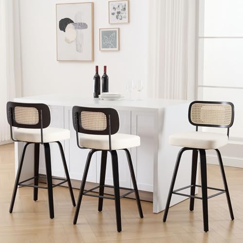 Swivel Counter Height Bar Stools Set of 3, Upholstered Faux Leather Barstools with Rattan Back, 26" Seat Height Bar Chairs for Kitchen Island, Bentwood Wood Frame, Cream White - Grand Goldman