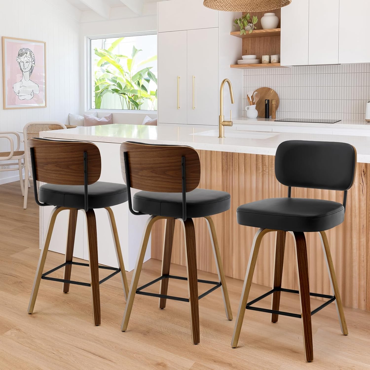 Swivel Counter Height Bar Stools Set of 3, Upholstered Faux Leather Barstools with Rattan Back, 26" Seat Height Bar Chairs for Kitchen Island, Bentwood Wood Frame, Cream White - Grand Goldman