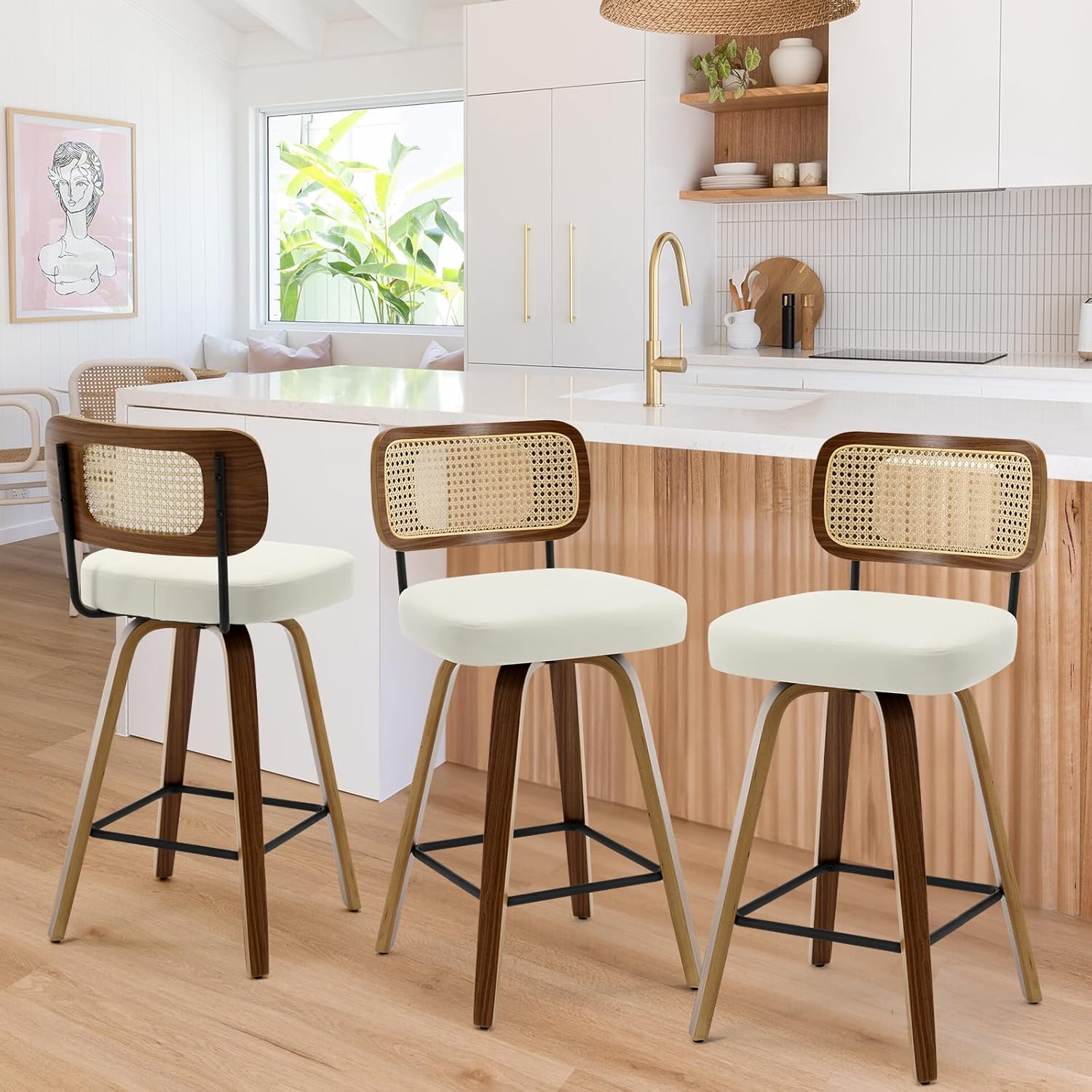 Swivel Counter Height Bar Stools Set of 3, Upholstered Faux Leather Barstools with Rattan Back, 26" Seat Height Bar Chairs for Kitchen Island, Bentwood Wood Frame, Cream White - Grand Goldman