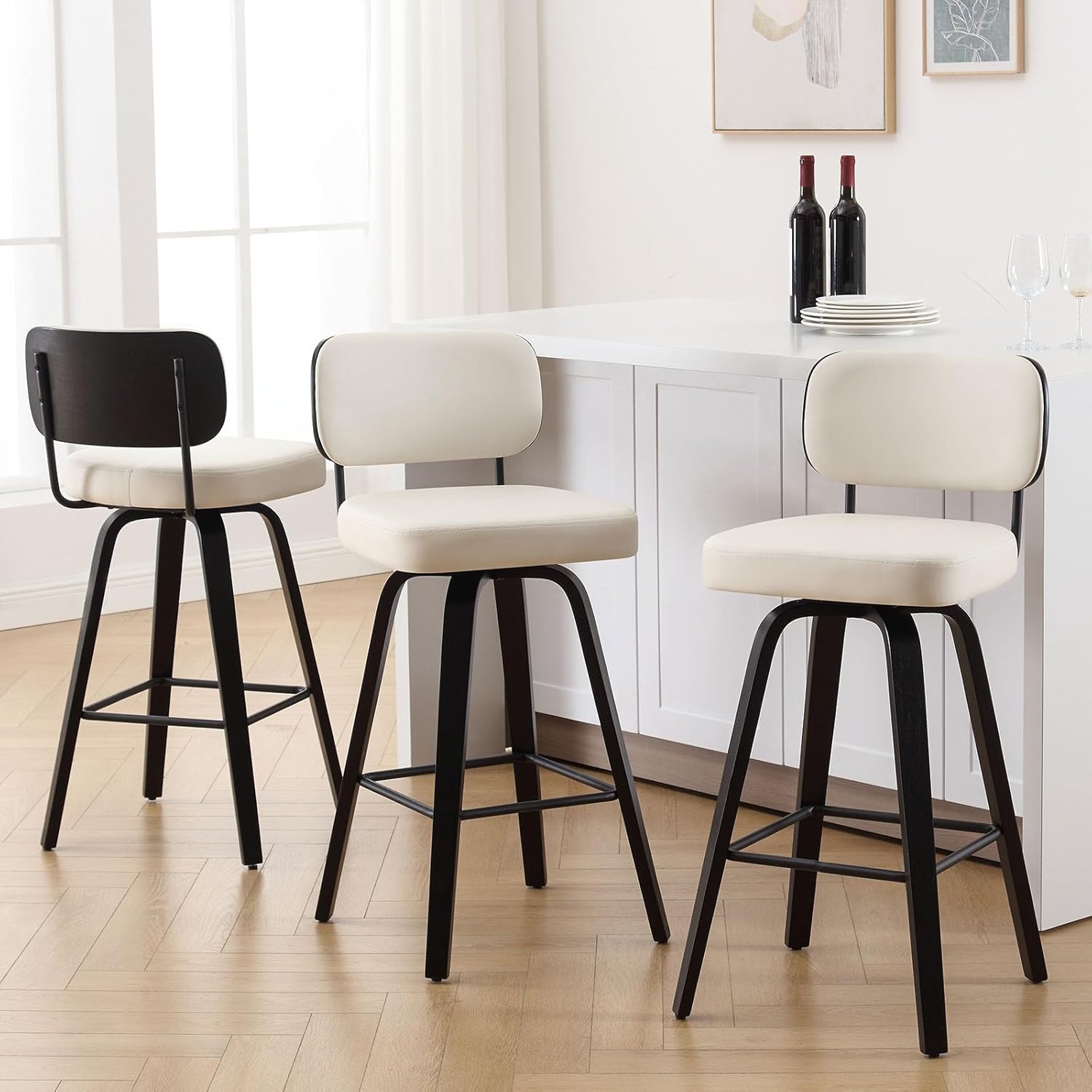 Swivel Counter Height Bar Stools Set of 3, Upholstered Faux Leather Barstools with Rattan Back, 26" Seat Height Bar Chairs for Kitchen Island, Bentwood Wood Frame, Cream White - Grand Goldman