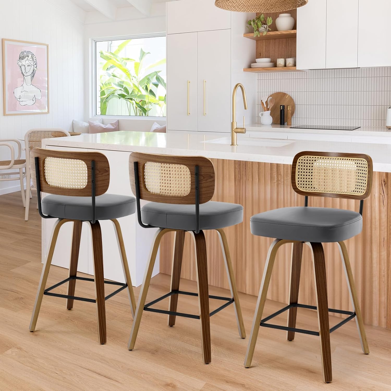 Swivel Counter Height Bar Stools Set of 3, Upholstered Faux Leather Barstools with Rattan Back, 26" Seat Height Bar Chairs for Kitchen Island, Bentwood Wood Frame, Cream White - Grand Goldman