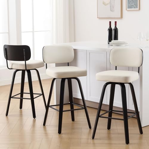 Swivel Counter Height Bar Stools Set of 3, Upholstered Faux Leather Barstools with Rattan Back, 26" Seat Height Bar Chairs for Kitchen Island, Bentwood Wood Frame, Cream White - Grand Goldman