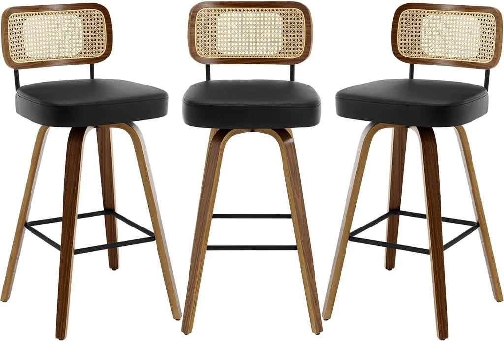 Swivel Counter Height Bar Stools Set of 3, Upholstered Faux Leather Barstools with Rattan Back, 26" Seat Height Bar Chairs for Kitchen Island, Bentwood Wood Frame, Cream White - Grand Goldman