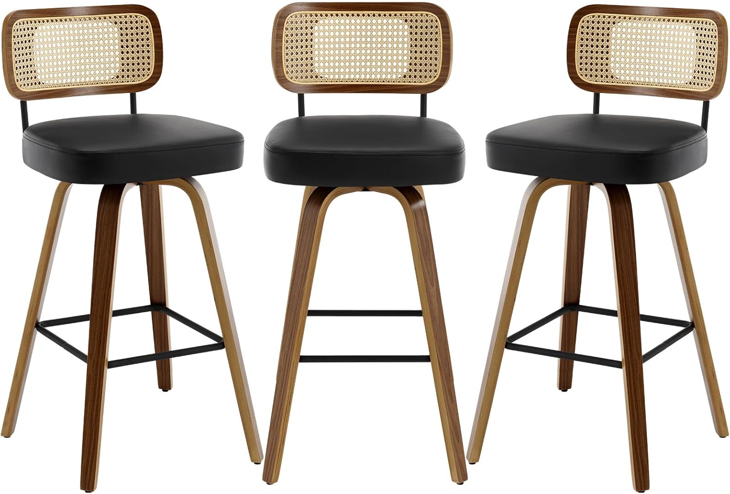 Swivel Counter Height Bar Stools Set of 3, Upholstered Faux Leather Barstools with Rattan Back, 26" Seat Height Bar Chairs for Kitchen Island, Bentwood Wood Frame, Cream White - Grand Goldman