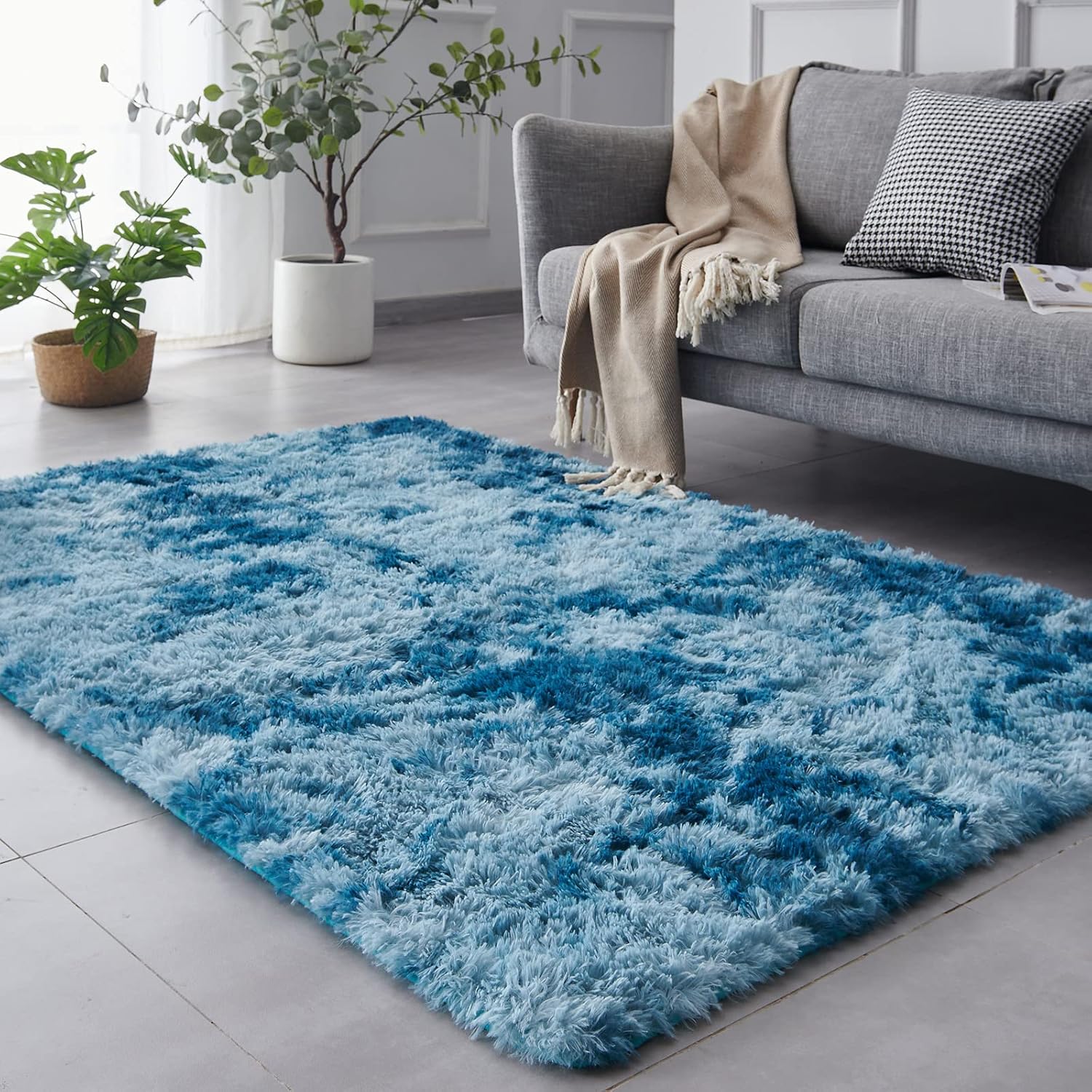 TABAYON Shag Area Rug, 5x7 Ft Tie-Dyed Light Grey Upgrade Anti-Skid Durable Rectangular Cozy High Pile Soft Throw Rug for Nursery/ Living Room - Grand Goldman