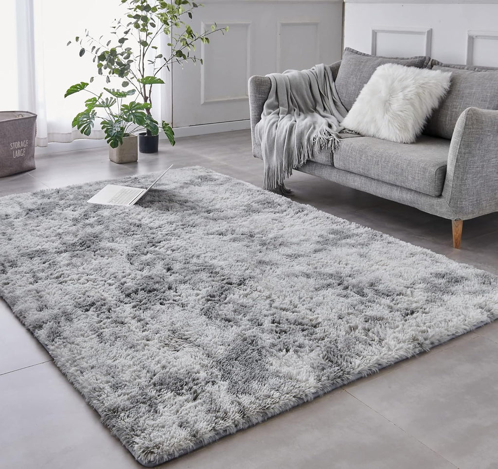 TABAYON Shag Area Rug, 5x7 Ft Tie-Dyed Light Grey Upgrade Anti-Skid Durable Rectangular Cozy High Pile Soft Throw Rug for Nursery/ Living Room - Grand Goldman