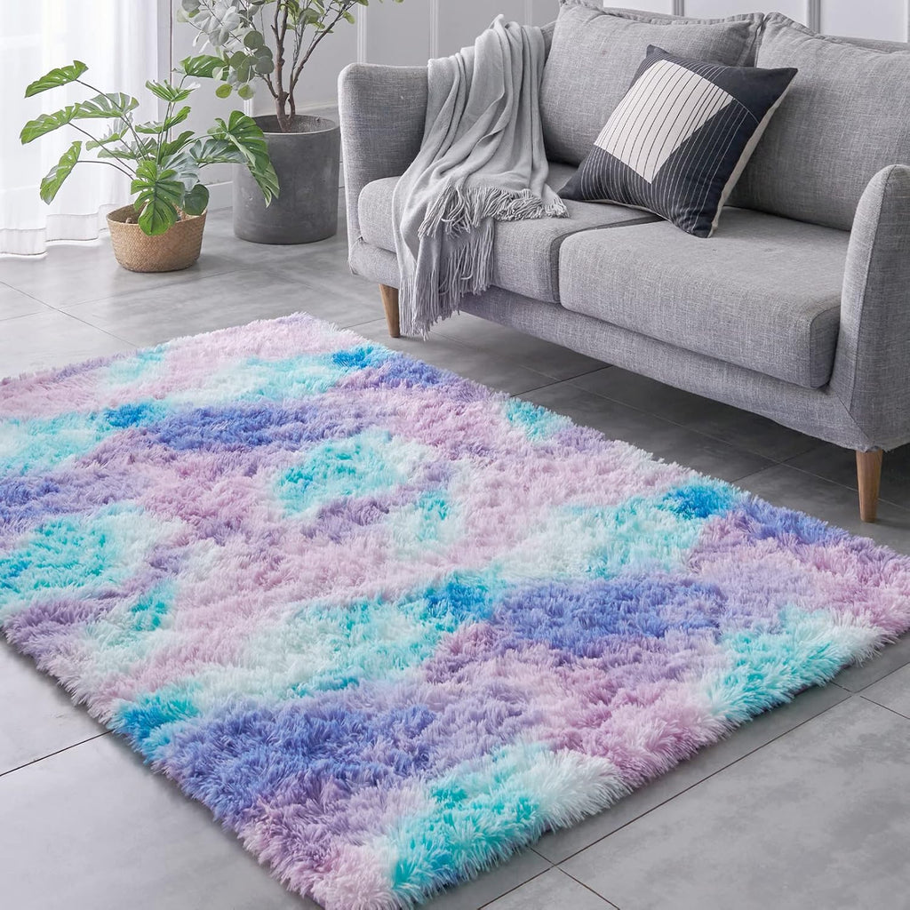 TABAYON Shag Area Rug, 5x7 Ft Tie-Dyed Light Grey Upgrade Anti-Skid Durable Rectangular Cozy High Pile Soft Throw Rug for Nursery/ Living Room - Grand Goldman