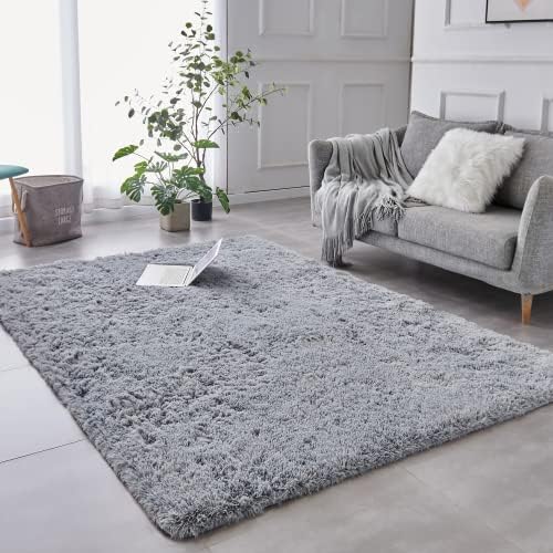TABAYON Shag Area Rug, 5x7 Ft Tie-Dyed Light Grey Upgrade Anti-Skid Durable Rectangular Cozy High Pile Soft Throw Rug for Nursery/ Living Room - Grand Goldman
