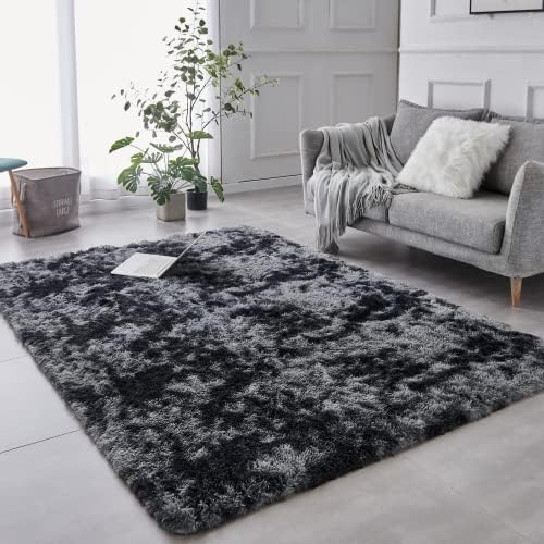 TABAYON Shag Area Rug, 5x7 Ft Tie-Dyed Light Grey Upgrade Anti-Skid Durable Rectangular Cozy High Pile Soft Throw Rug for Nursery/ Living Room - Grand Goldman