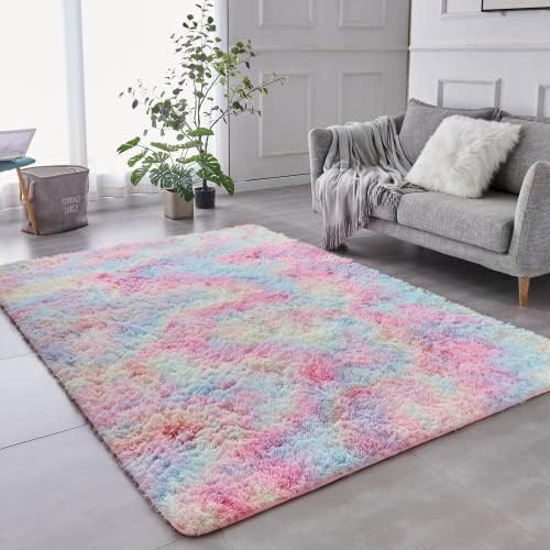 TABAYON Shag Area Rug, 5x7 Ft Tie-Dyed Light Grey Upgrade Anti-Skid Durable Rectangular Cozy High Pile Soft Throw Rug for Nursery/ Living Room - Grand Goldman