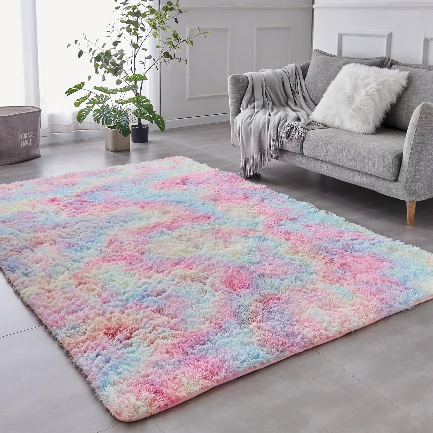 TABAYON Shag Area Rug, 5x7 Ft Tie-Dyed Light Grey Upgrade Anti-Skid Durable Rectangular Cozy High Pile Soft Throw Rug for Nursery/ Living Room - Grand Goldman