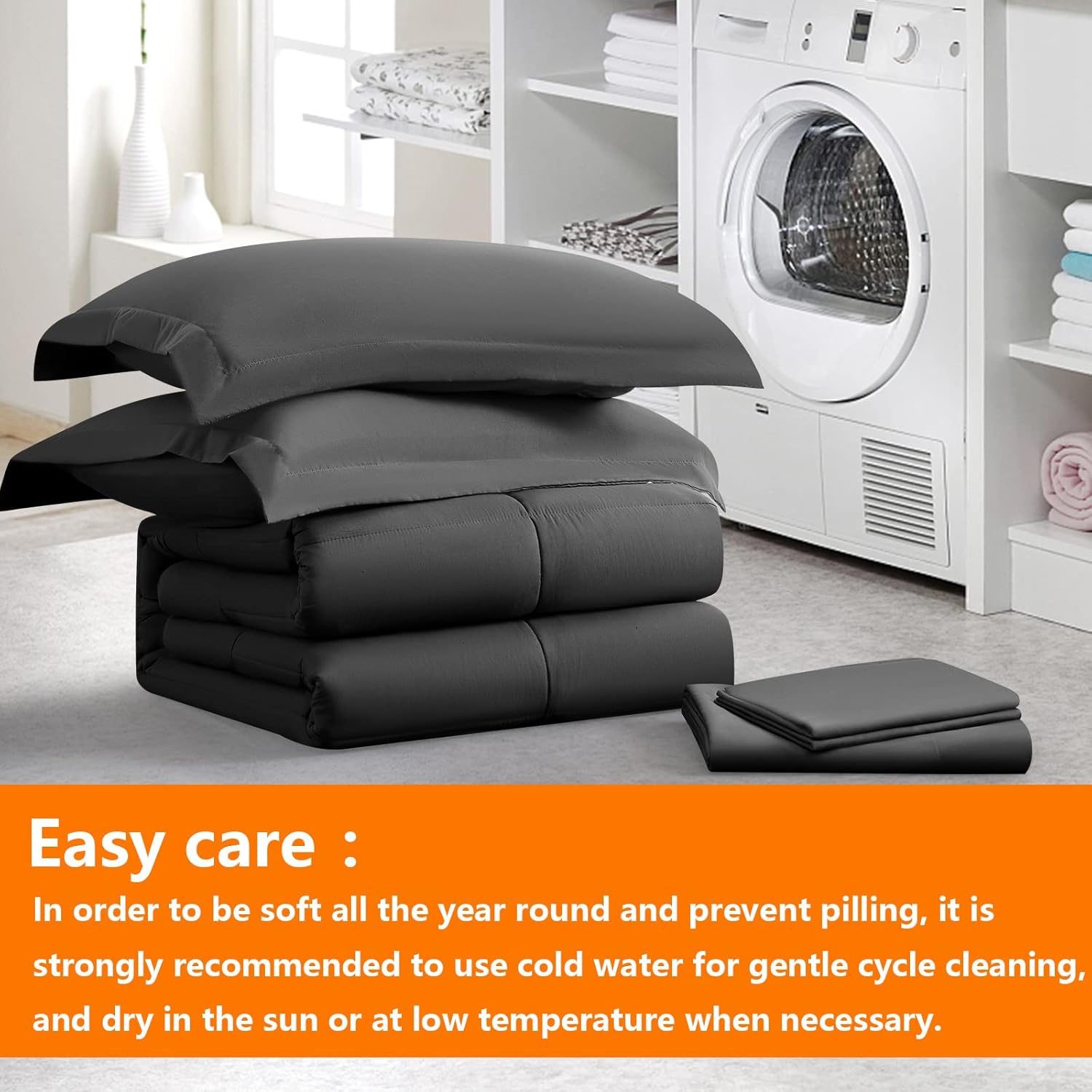 TAIMIT Full Size Comforter Set - 7 Pieces, Bed in a Bag Bedding Sets with All Season Soft Quilted Warm Fluffy Reversible Comforter,Flat Sheet,Fitted Sheet,2 Pillow Shams,2 Pillowcases,Dark Grey - Grand Goldman