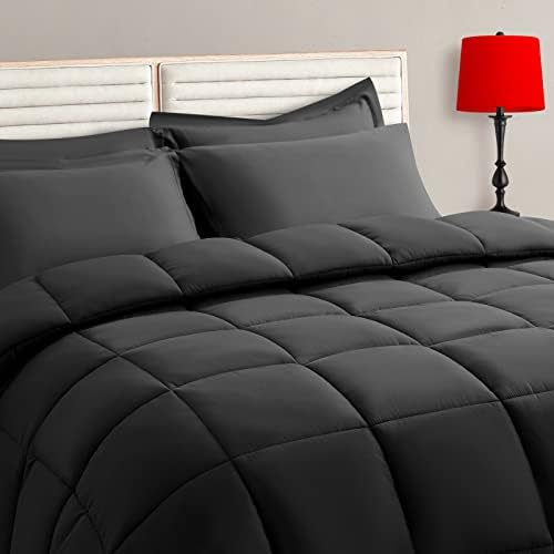 TAIMIT Full Size Comforter Set - 7 Pieces, Bed in a Bag Bedding Sets with All Season Soft Quilted Warm Fluffy Reversible Comforter,Flat Sheet,Fitted Sheet,2 Pillow Shams,2 Pillowcases,Dark Grey - Grand Goldman