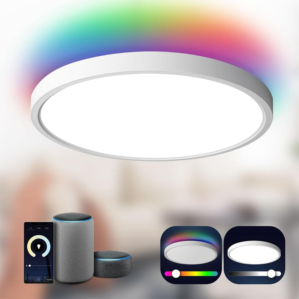 TALOYA Smart Ceiling Light Flush Mount LED WiFi,Compatible with Alexa Google Home,Dimmable Low Profile Ambient Light Fixture for Bedroom Living Room Hallway Kitchen Nursery,12 Inch,RGB - Grand Goldman